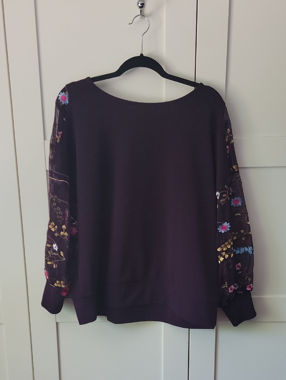 ❄️3/$30 George Purple Top - Plum with Sheer Floral Sleeves